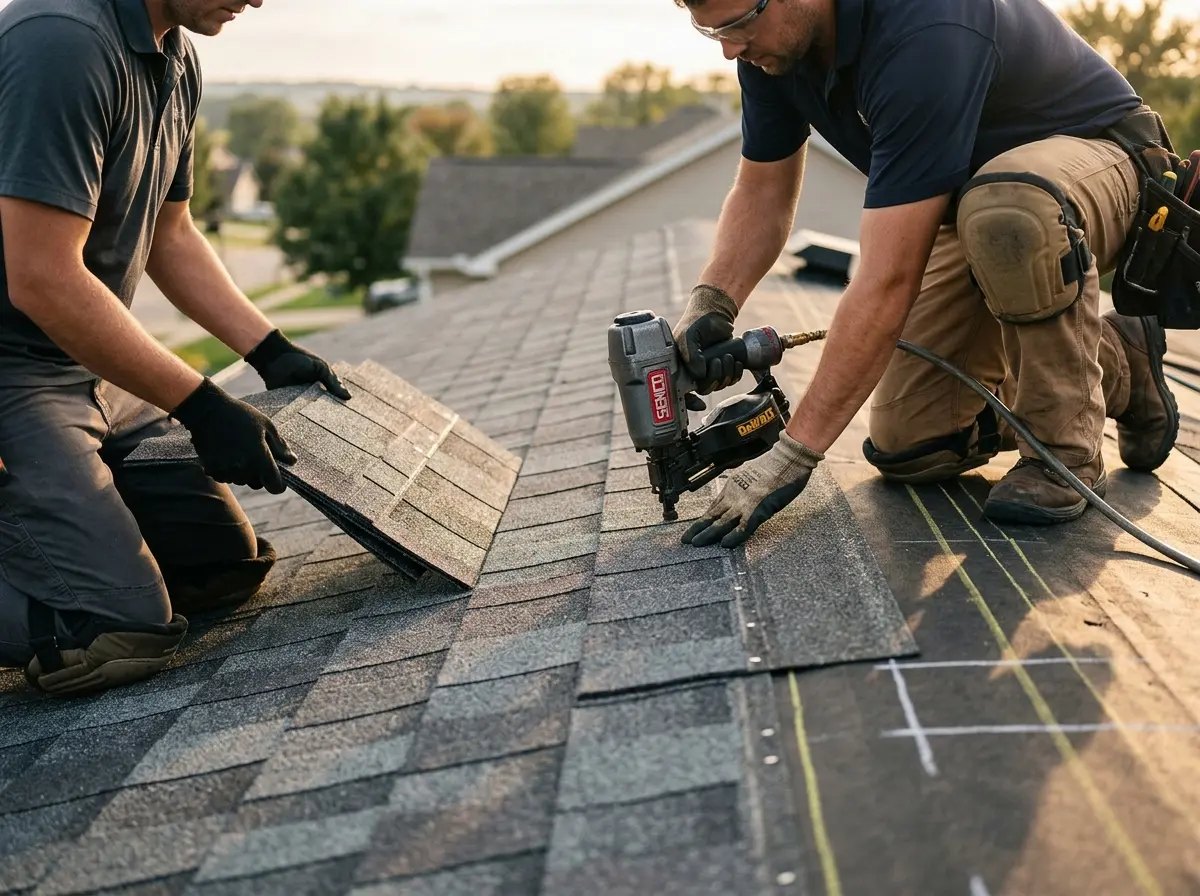 Professional roofer working on a residential roof in Southern Pines